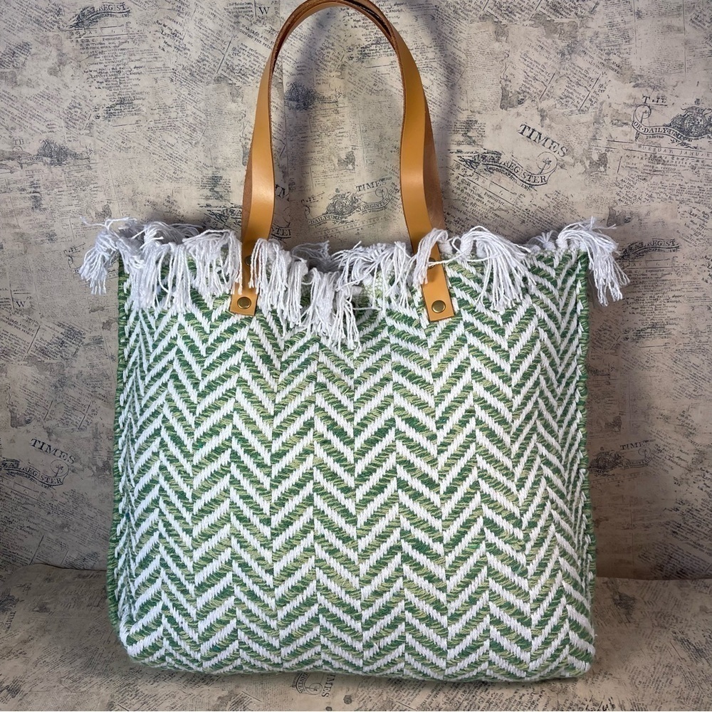 Preziosa Home Italian Cotton Tote Bag Leather Straps Canvas Shoulder Market Bag